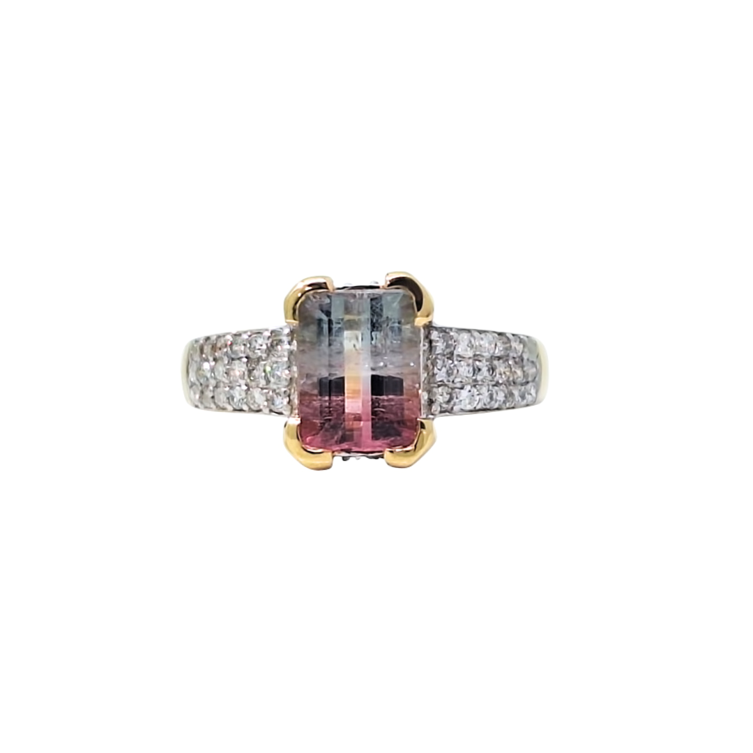 18ct Yellow Gold Watermelon Tourmaline & Diamond Ring