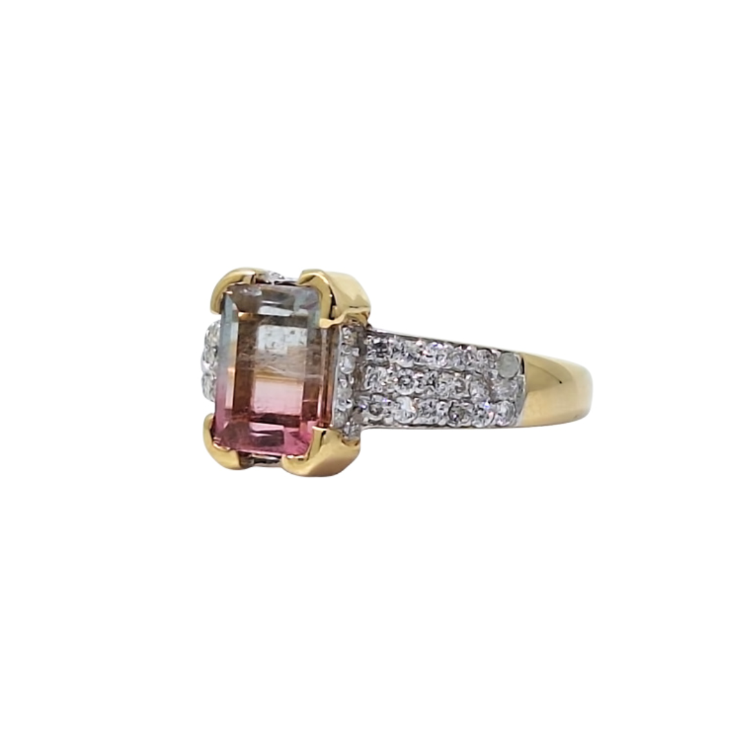 18ct Yellow Gold Watermelon Tourmaline & Diamond Ring