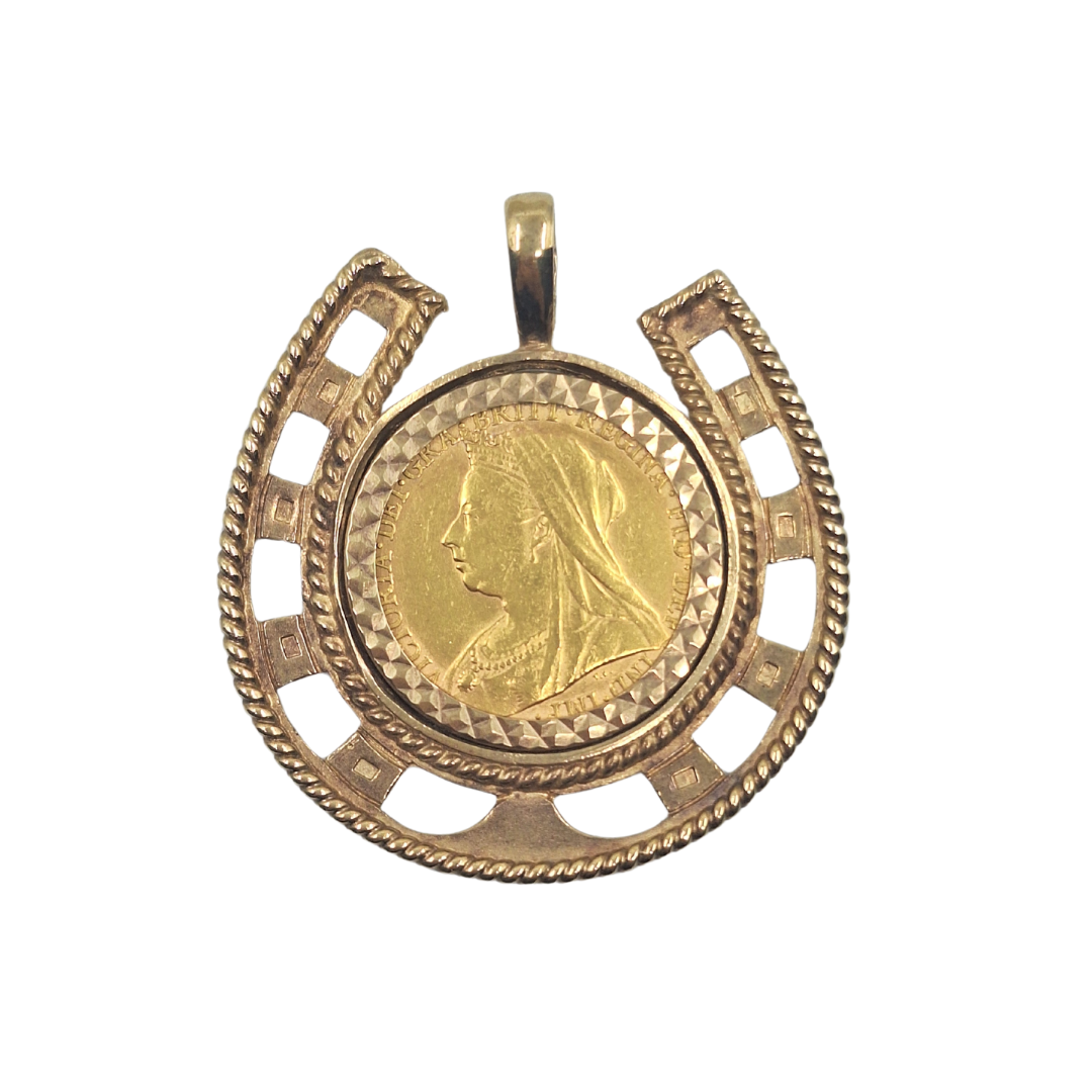 9ct Yellow Gold Horseshoe Full Sovereign Pendant 1896