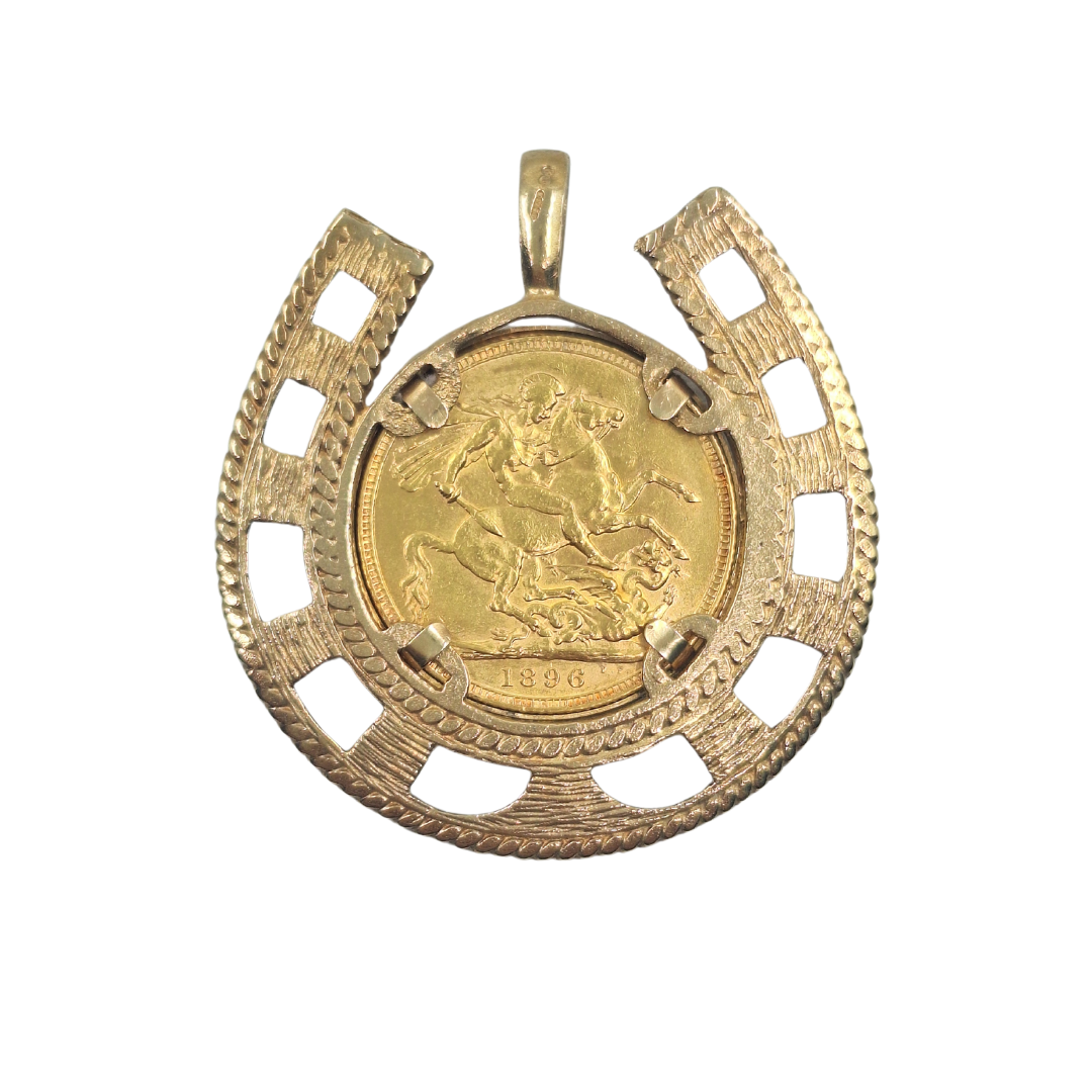 9ct Yellow Gold Horseshoe Full Sovereign Pendant 1896