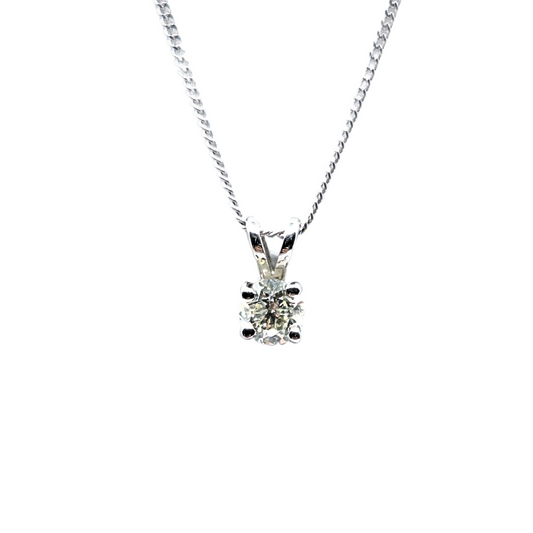 9ct White Gold Round Diamond Solitaire Pendant & Chain 0.46ct
