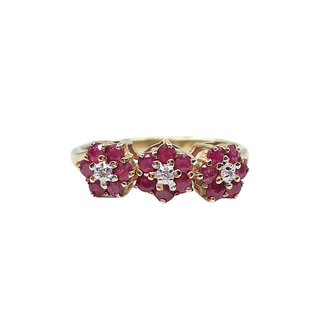 9ct Yellow Gold Ruby & Diamond Flower Ring