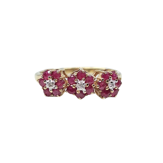 9ct Yellow Gold Ruby & Diamond Flower Ring