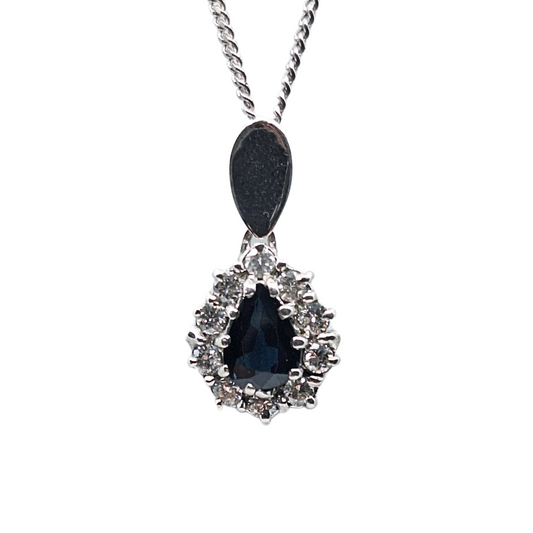 9ct White Gold Pear Shape Sapphire & Diamond Cluster Necklace