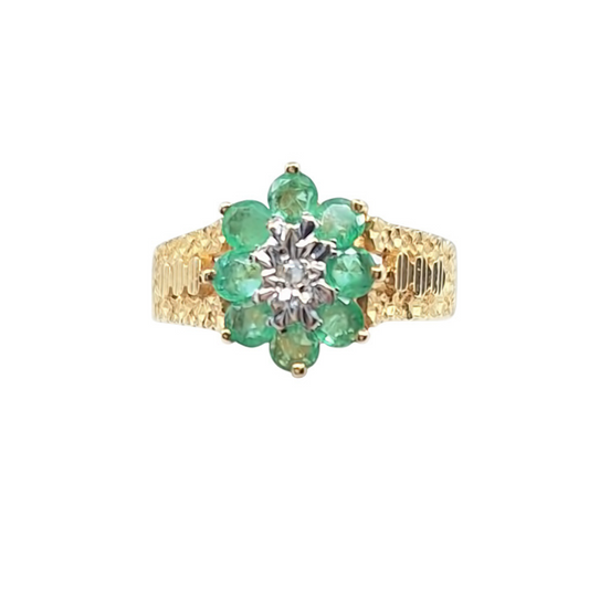 9ct Yellow Gold Emerald & Diamond Cluster Ring
