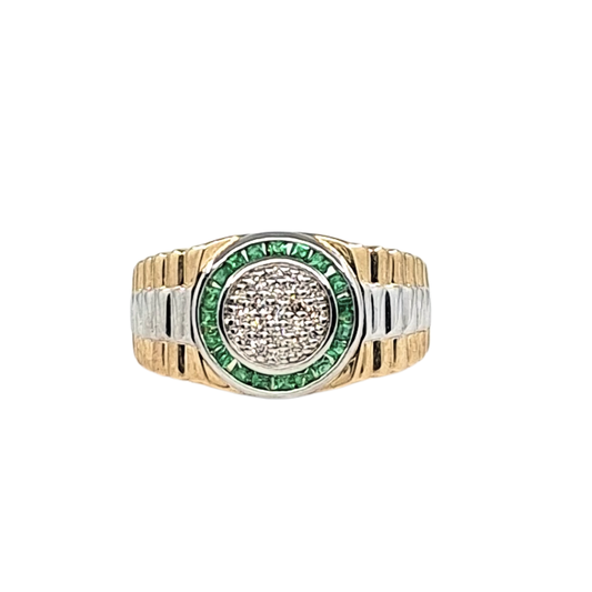 9ct Yellow & White Gold Diamond & Green Gemstone Rolex Ring