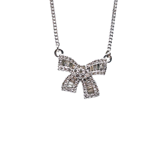 9ct White Gold Diamond Bow Necklace