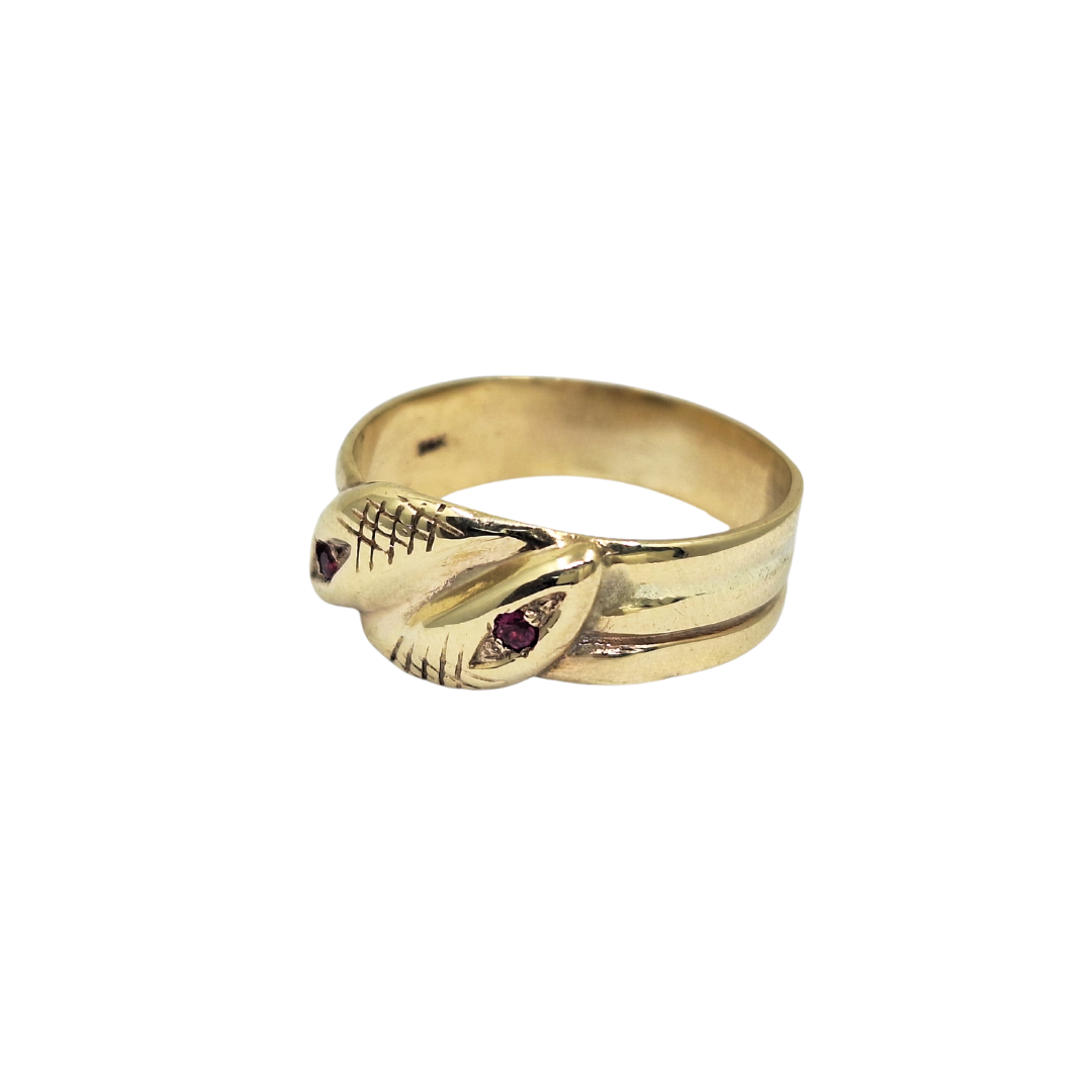 9ct Yellow Gold Snake Ring With Garnet Eyes