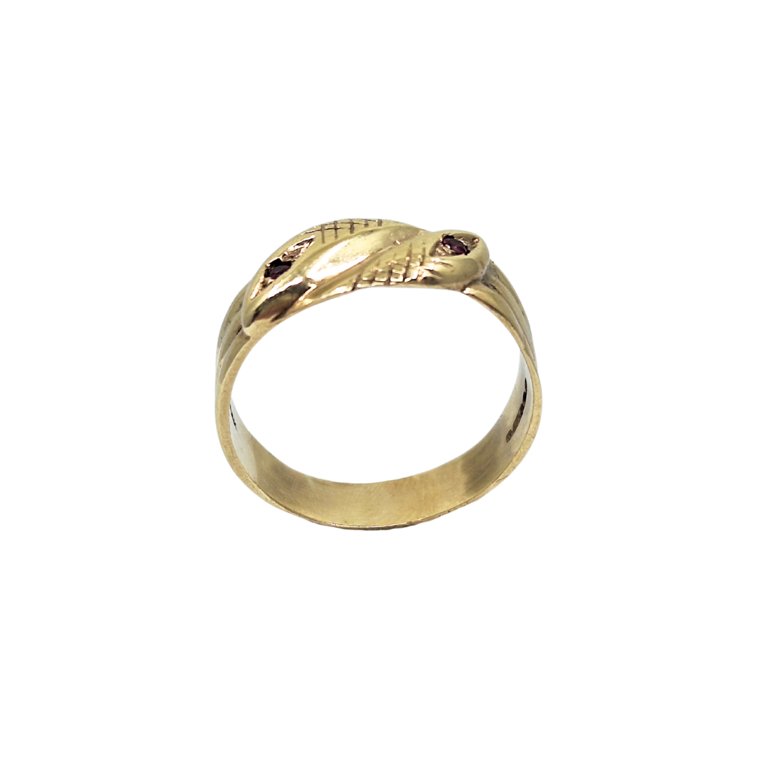 9ct Yellow Gold Snake Ring With Garnet Eyes