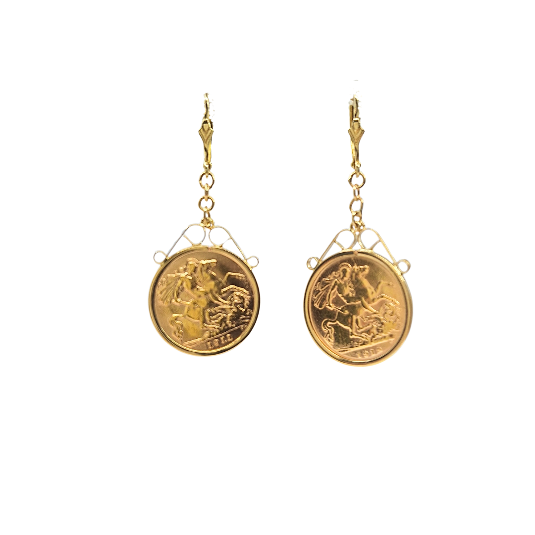 9ct Yellow Gold Half Sovereign Drop Earrings 1911/1912