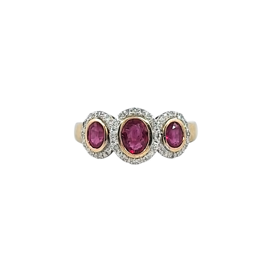 9ct Yellow Gold Ruby & Diamond Trilogy Ring