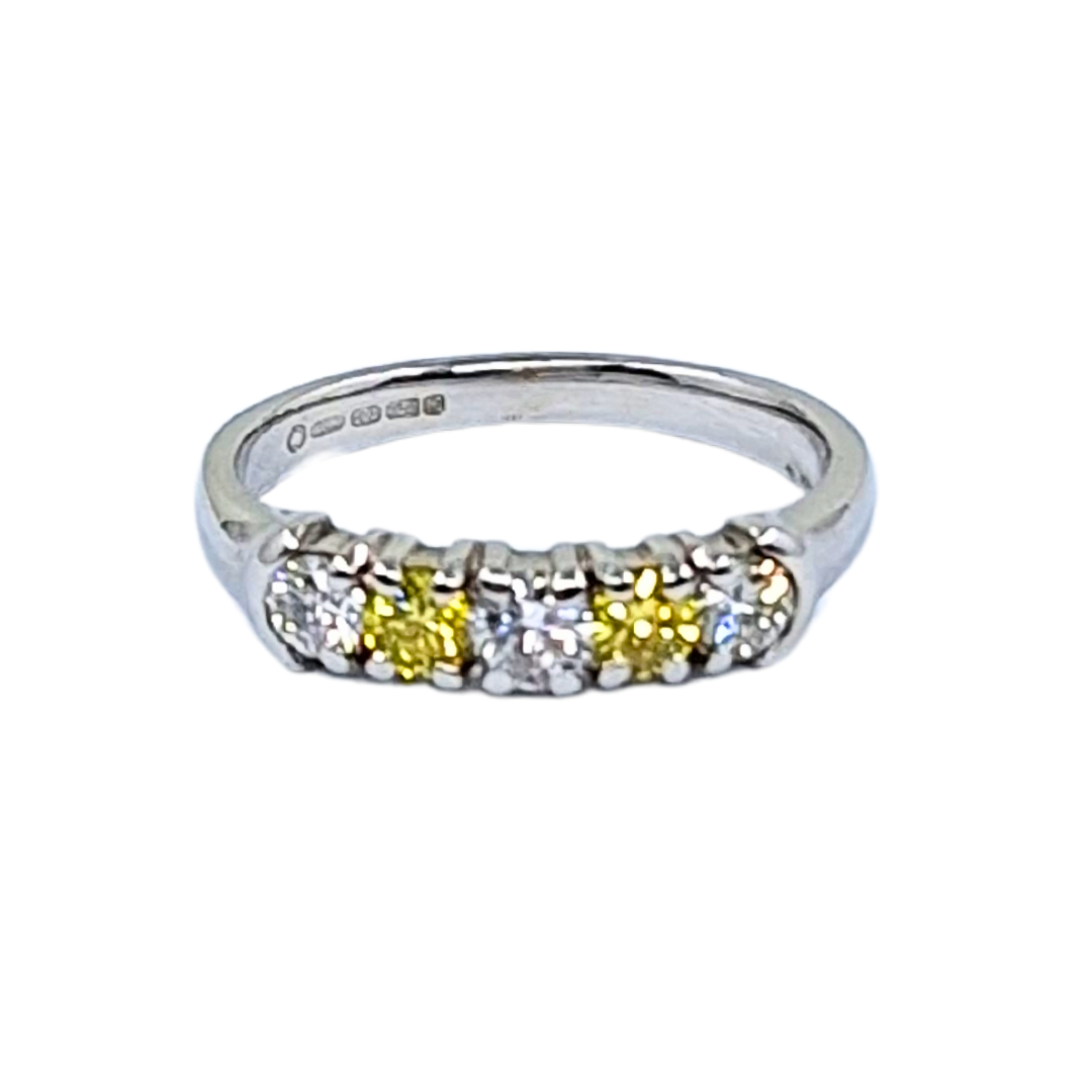 18ct White Gold Yellow and White Diamond 5 Stone Half Eternity Ring
