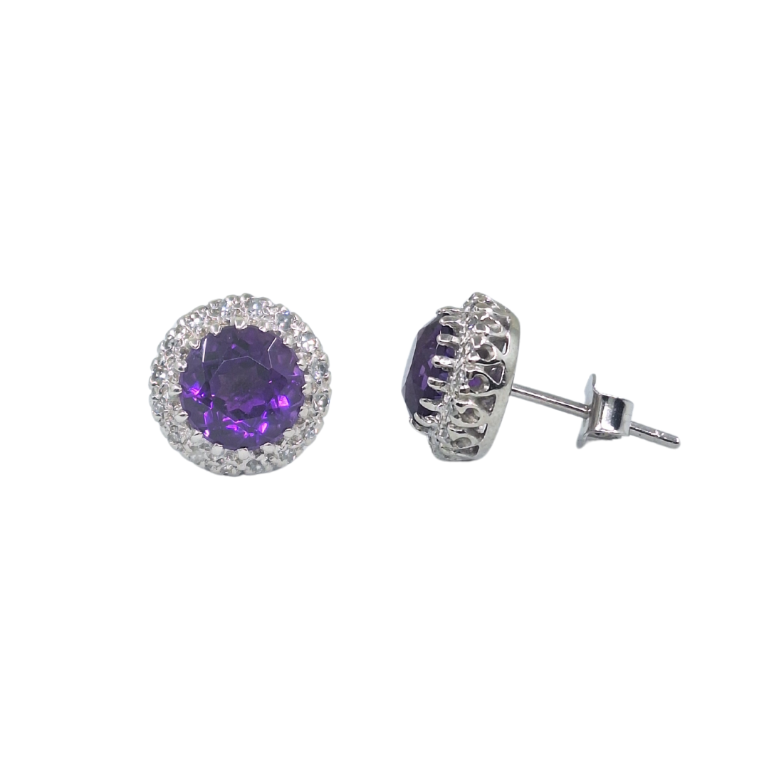 18ct White Gold Amethyst & Diamond Cluster Studs