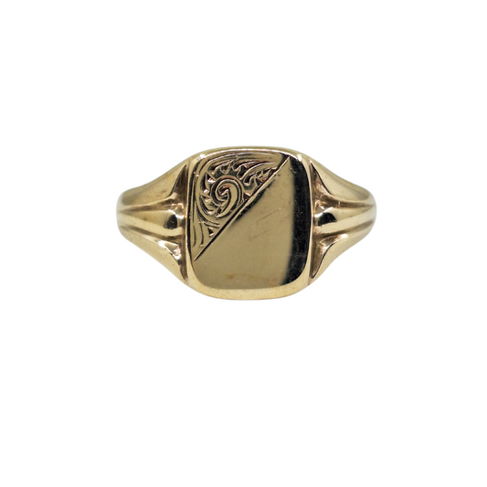 9ct Yellow Gold Half Engraved Signet Ring