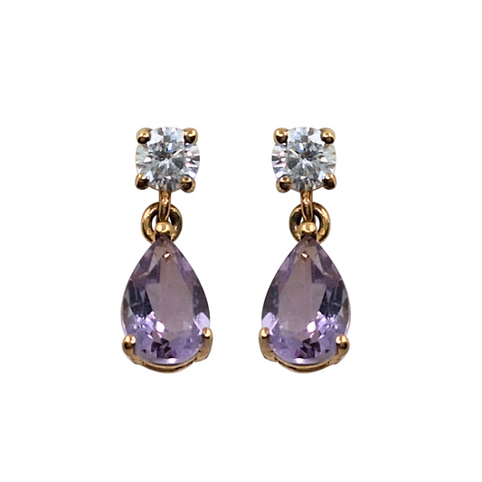 9ct Yellow Gold Amethyst and Cubic Zirconia Drop Earrings