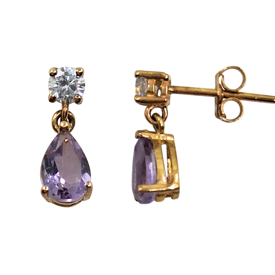 9ct Yellow Gold Amethyst and Cubic Zirconia Drop Earrings