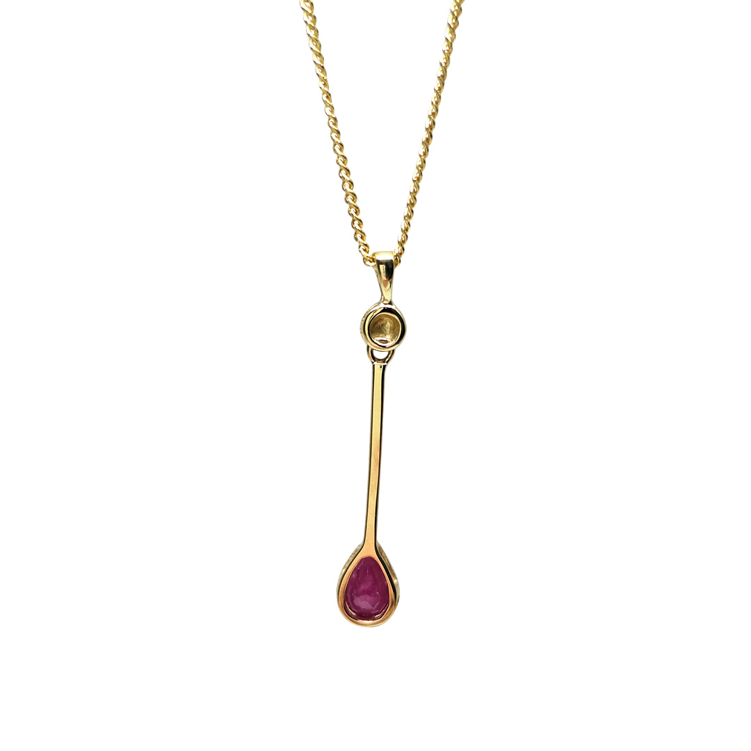 9ct Yellow Gold Pear Shape Ruby Pendant & Chain