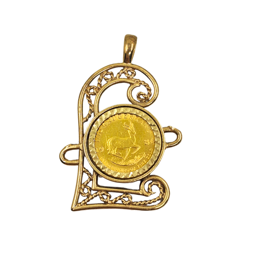 9ct Yellow Gold Pound Pendant Set with a 1/10 Krugerrand Dated 1984