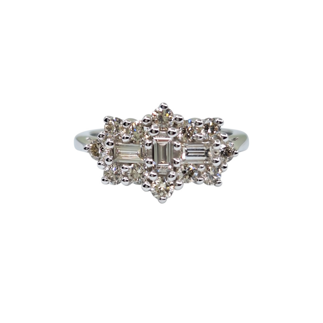 9ct White Gold Baguette & Round Diamond Cluster Ring 1ct