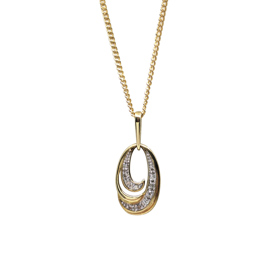 9ct Yellow Gold Diamond Oval Swirl Design Pendant & Chain