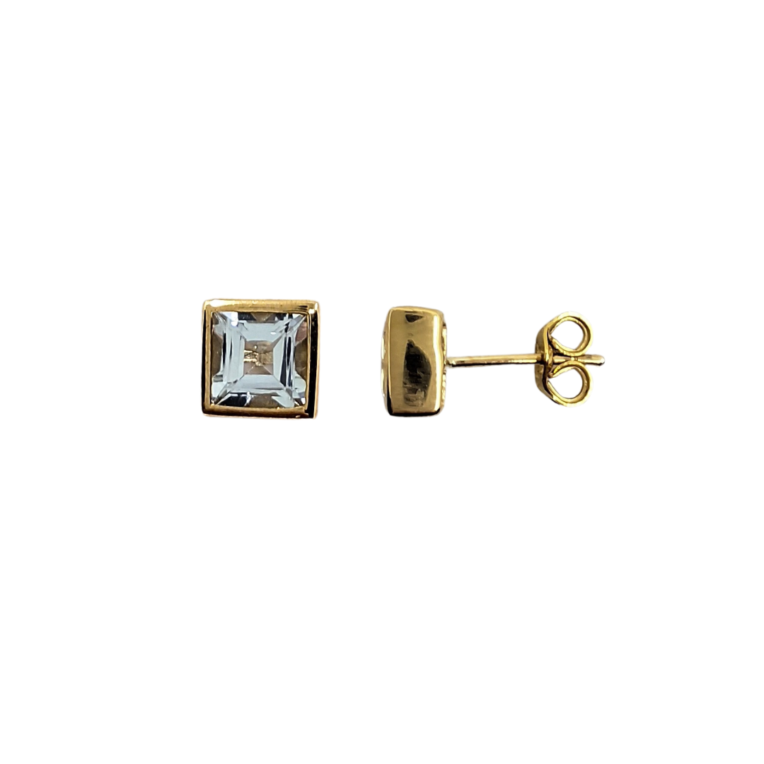 9ct Yellow Gold Square Aquamarine Studs