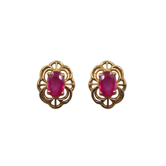 9ct Yellow Gold Oval Ruby Filigree Stud Earrings