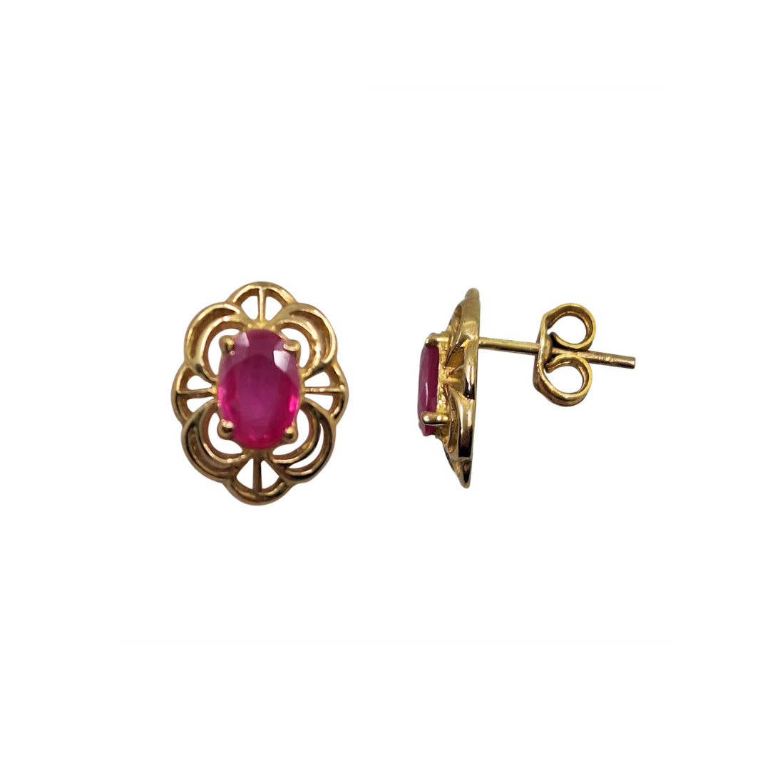 9ct Yellow Gold Oval Ruby Filigree Stud Earrings