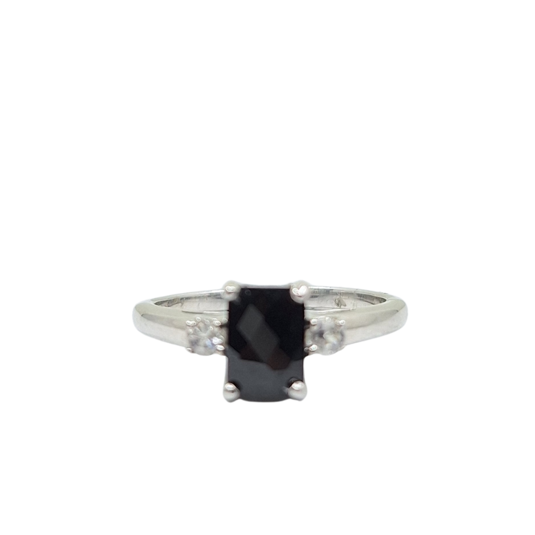 9ct White Gold Black Spinel & Cubic Zirconia 3 Stone Ring