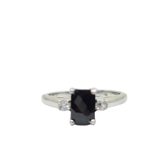 9ct White Gold Black Spinel & Cubic Zirconia 3 Stone Ring