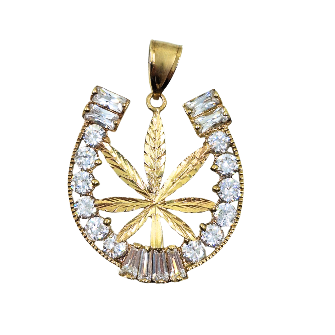 9ct Yellow Gold Cubic Zirconia Marijuana Leaf Horseshoe Pendant