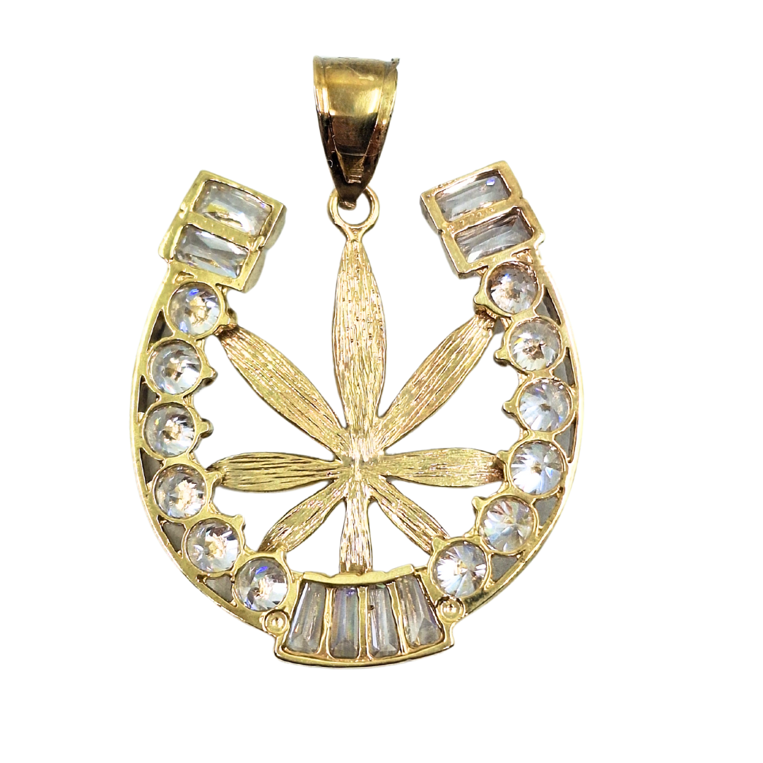 9ct Yellow Gold Cubic Zirconia Marijuana Leaf Horseshoe Pendant