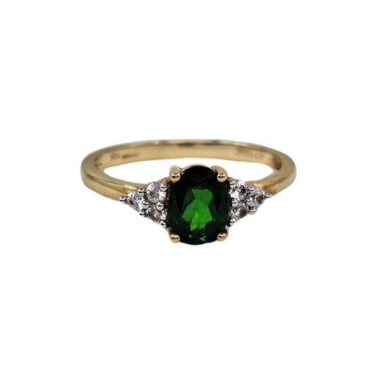 9ct Yellow Gold Green & White Stone Trefoil Ring