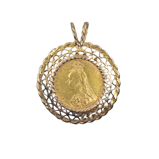 9ct Yellow Gold Full Sovereign Pendant 1889