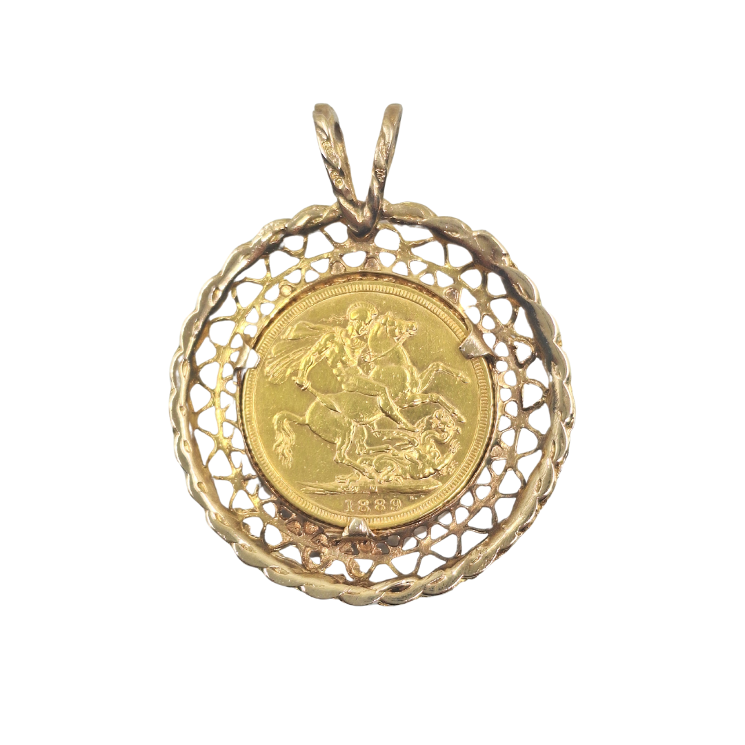 9ct Yellow Gold Full Sovereign Pendant 1889