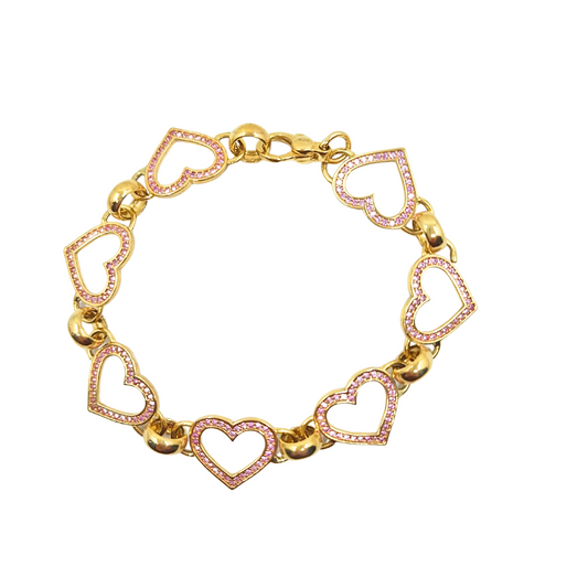 9ct Yellow Gold Pink Cubic Zirconia Heart Link Bracelet