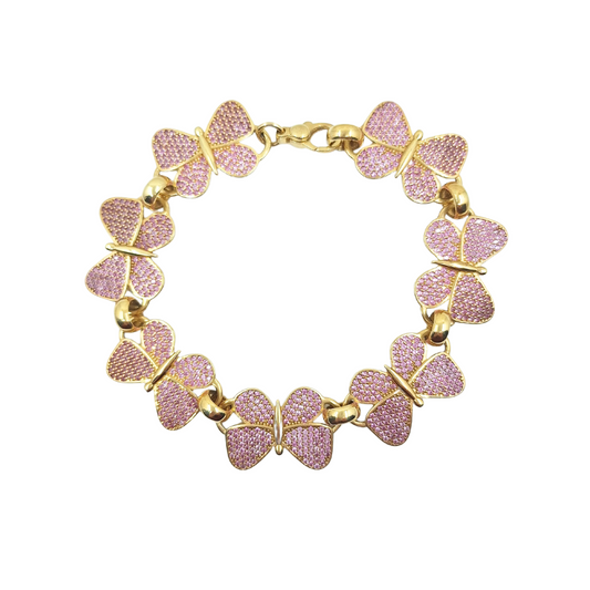 9ct Yellow Gold Pink Cubic Zirconia Butterfly Link Bracelet