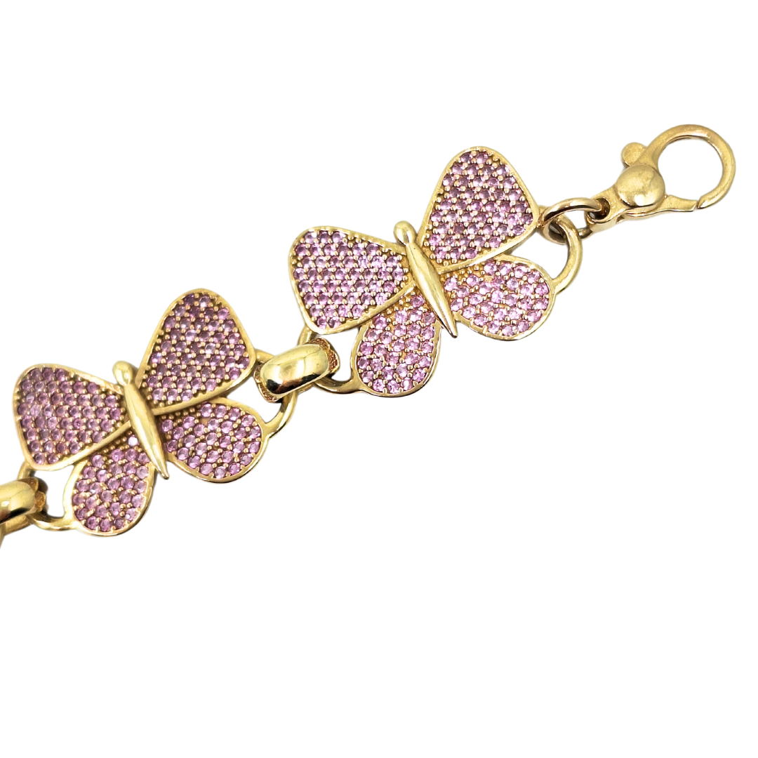 9ct Yellow Gold Pink Cubic Zirconia Butterfly Link Bracelet