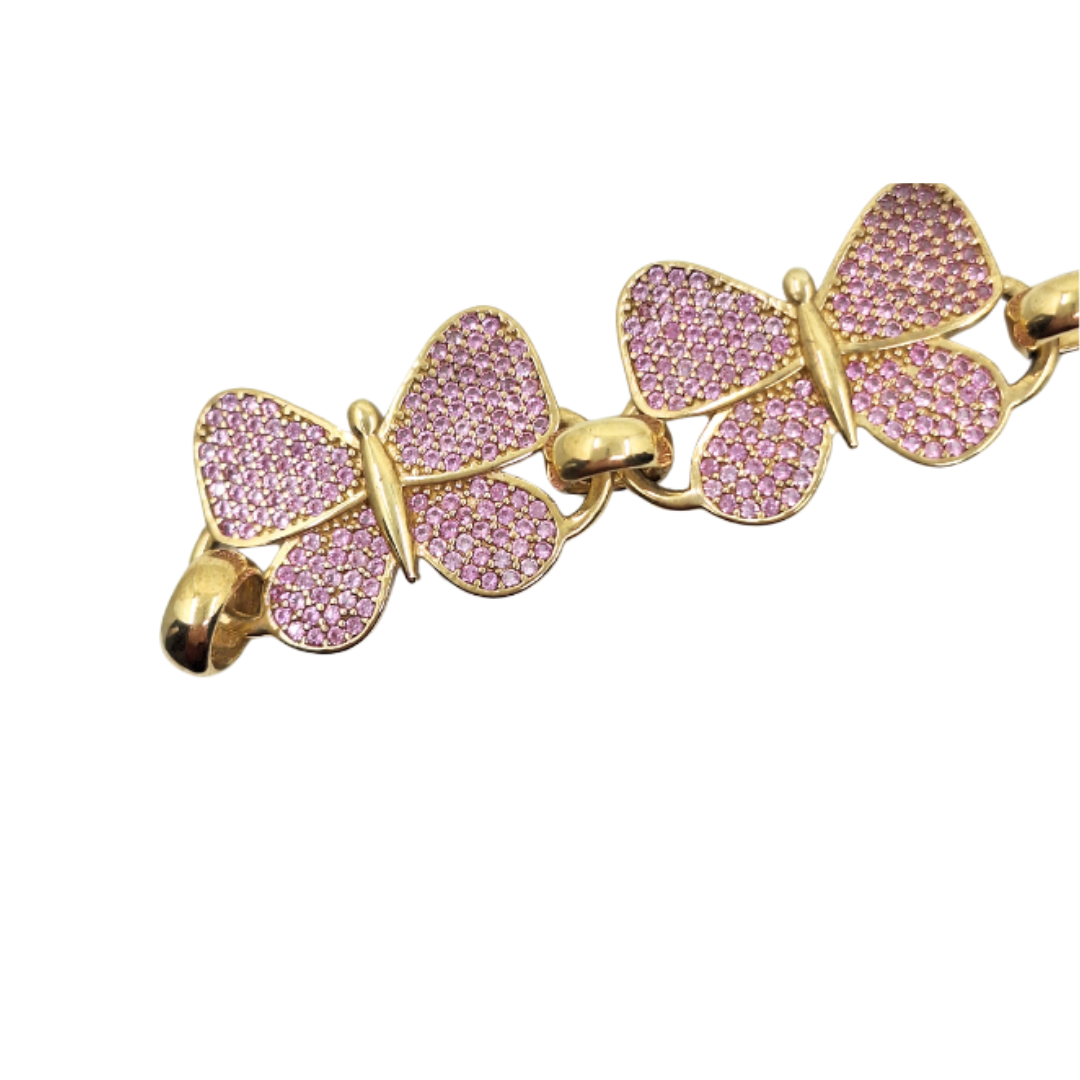 9ct Yellow Gold Pink Cubic Zirconia Butterfly Link Bracelet