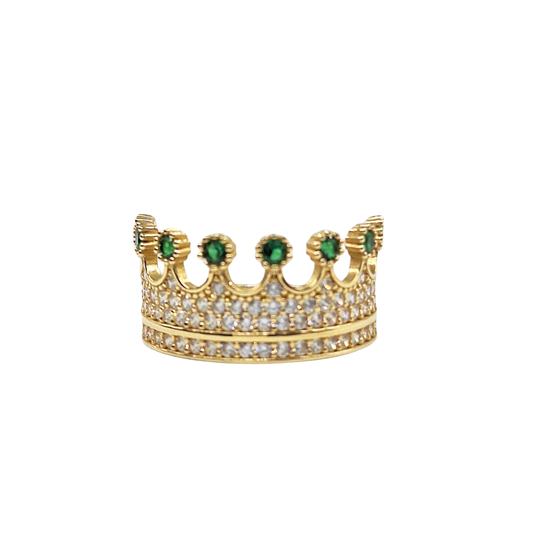 14ct Yellow Gold Green & White Cubic Zirconia Crown Ring
