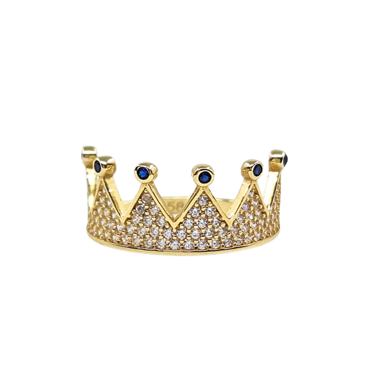 14ct Yellow Gold Blue & White Cubic Zirconia Crown Ring