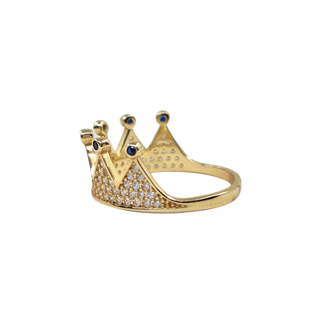 14ct Yellow Gold Blue & White Cubic Zirconia Crown Ring
