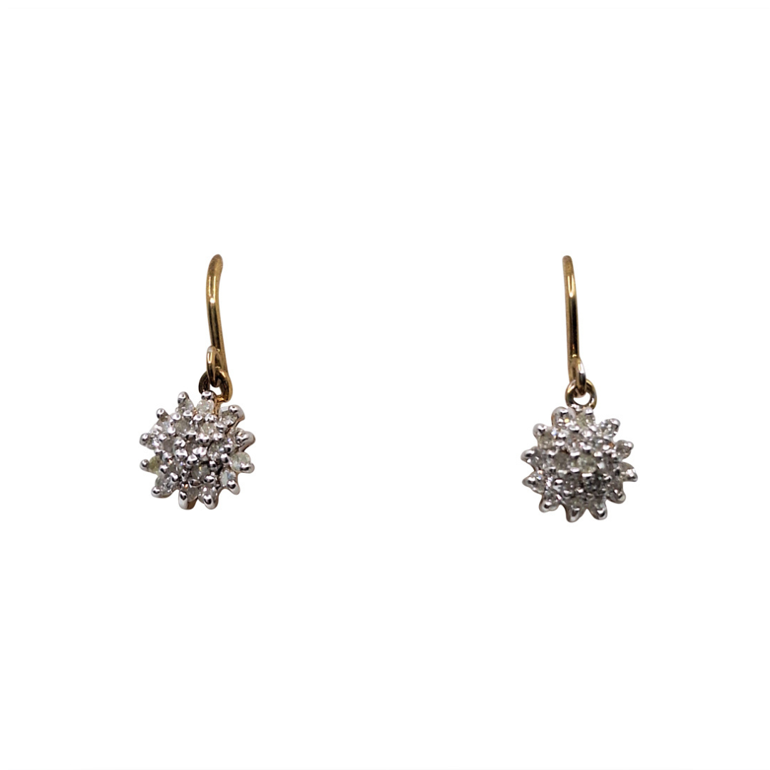 9ct Yellow Gold Diamond Cluster Drop Earrings