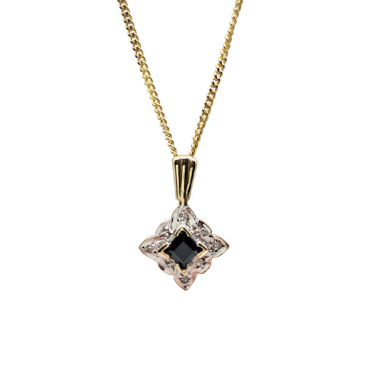 9ct Yellow Gold Sapphire and Diamond Pendant and Chain