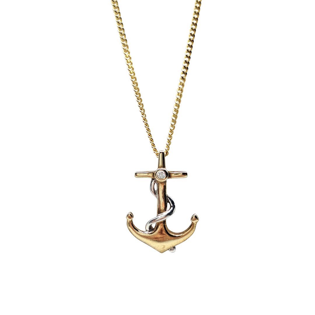 9ct Yellow Gold Diamond Set Anchor Pendant and Chain