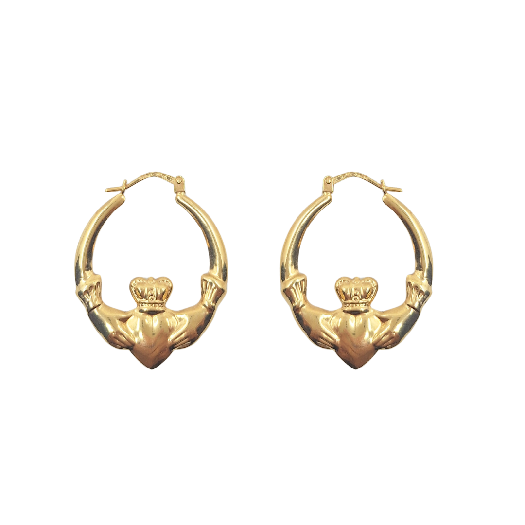 9ct Yellow Gold Claddagh Creole Earrings