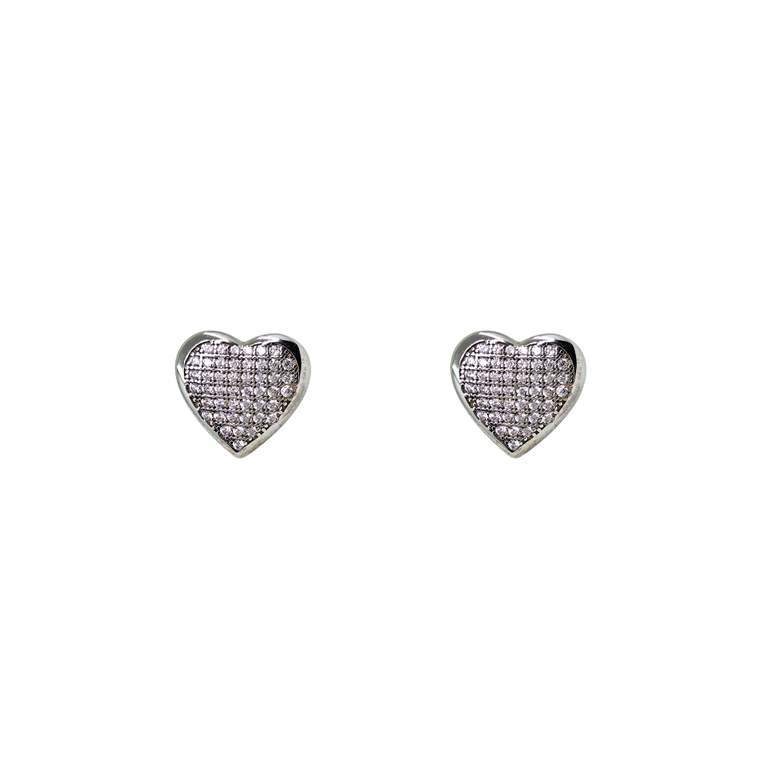 Silver Pave Cubic Zirconia Heart Stud Earrings