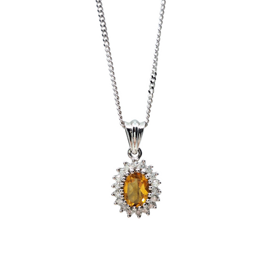 9ct White Gold Citrine & Diamond Cluster Pendant With Curb Chain