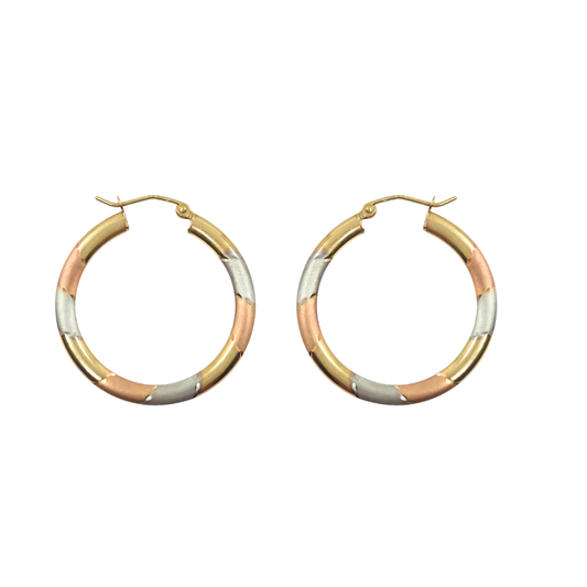 9ct 3 Colour Gold Patterned Hoop Earrings