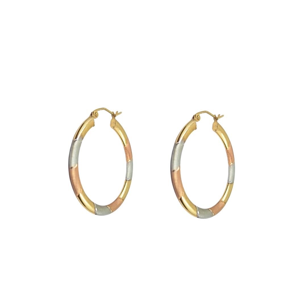 9ct 3 Colour Gold Patterned Hoop Earrings
