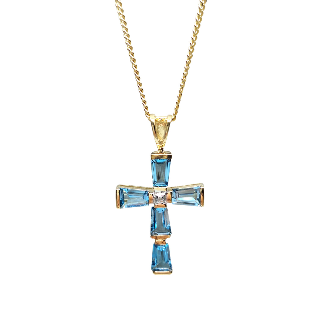 9ct Yellow Gold Blue Topaz & Diamond Cross Pendant and Chain